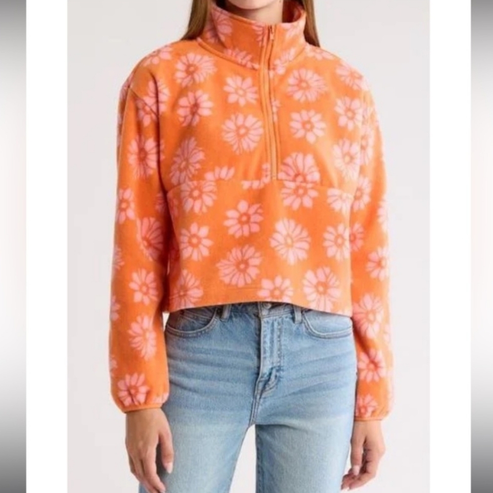NWT Billabong Fling Half Zip Daisy Polar Fleece Orange Pullover Women's Size M